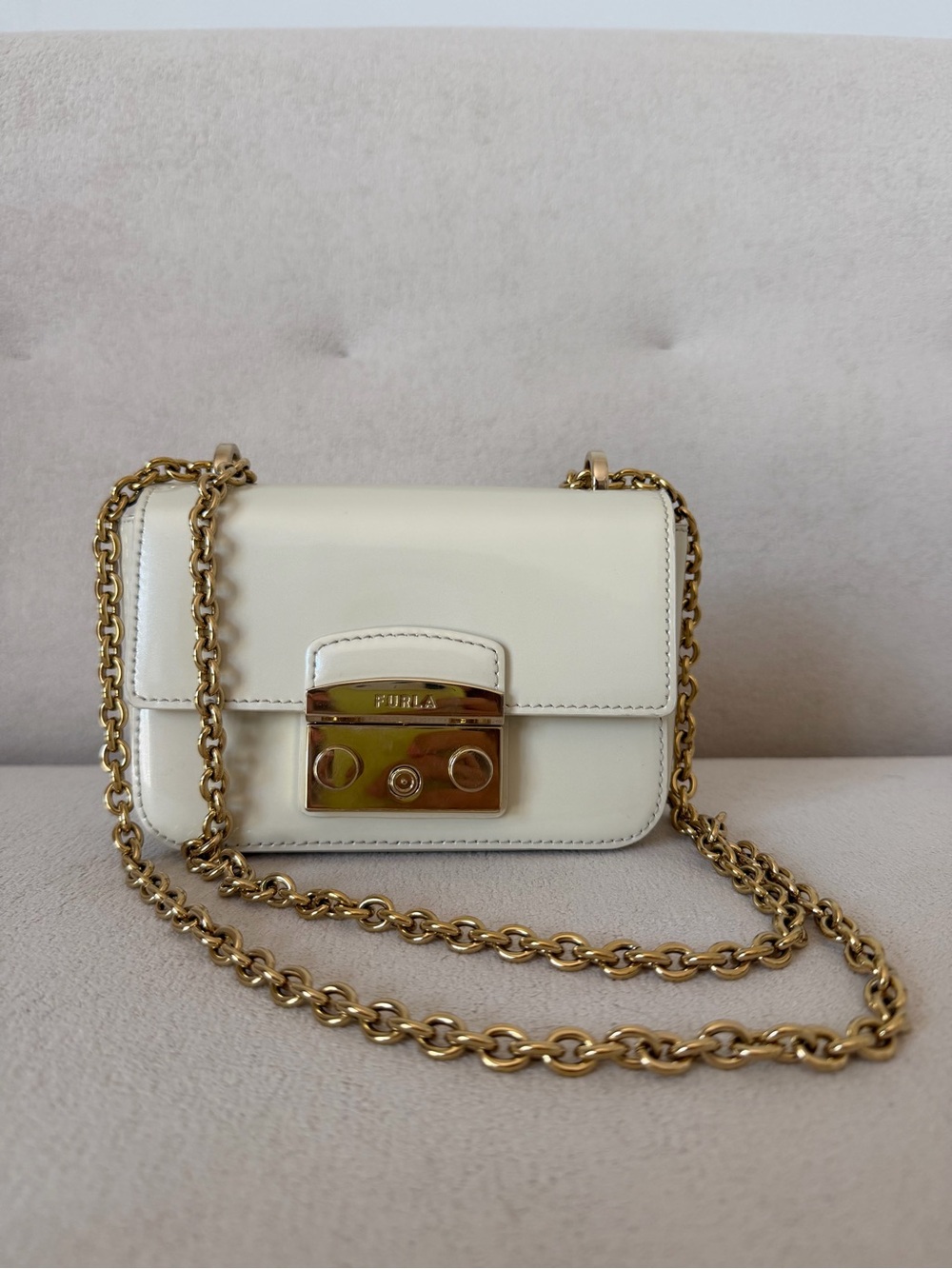 Furla Metropolis Mini Cream Leather Crossbody with Gold Chain